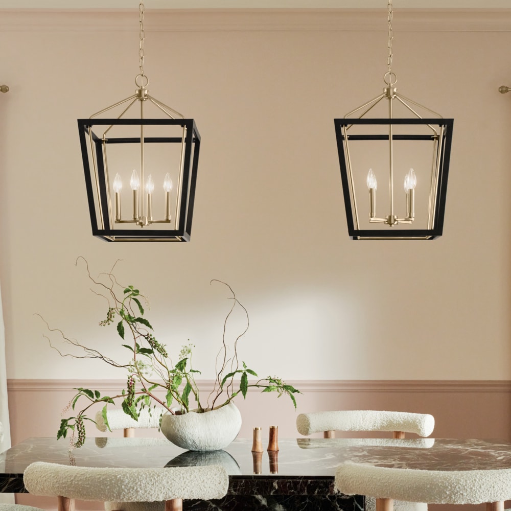 Kichler Delvin 4-Light Champagne Bronze with Black Traditional Clear Glass Lantern Led, Medium Hanging Pendant Light