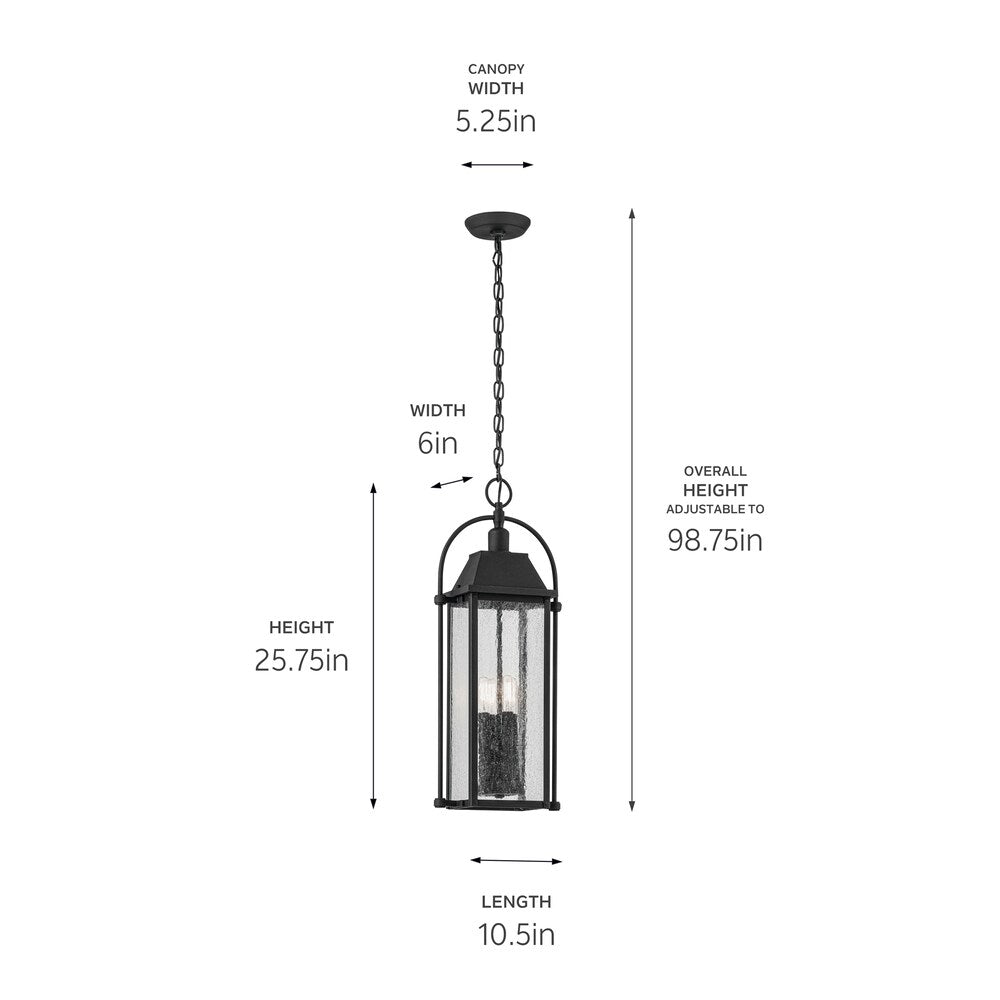 Kichler Harbor Row 4-Light Textured Black Farmhouse Seeded Glass Lantern Led, Medium Indoor/Outdoor Hanging Pendant Light