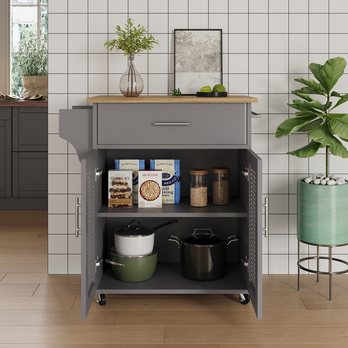 Jarenie Gray Mdf Base with Mdf Wood Top Rolling Kitchen Island (15.8-in x 26-in x 35.2-in)