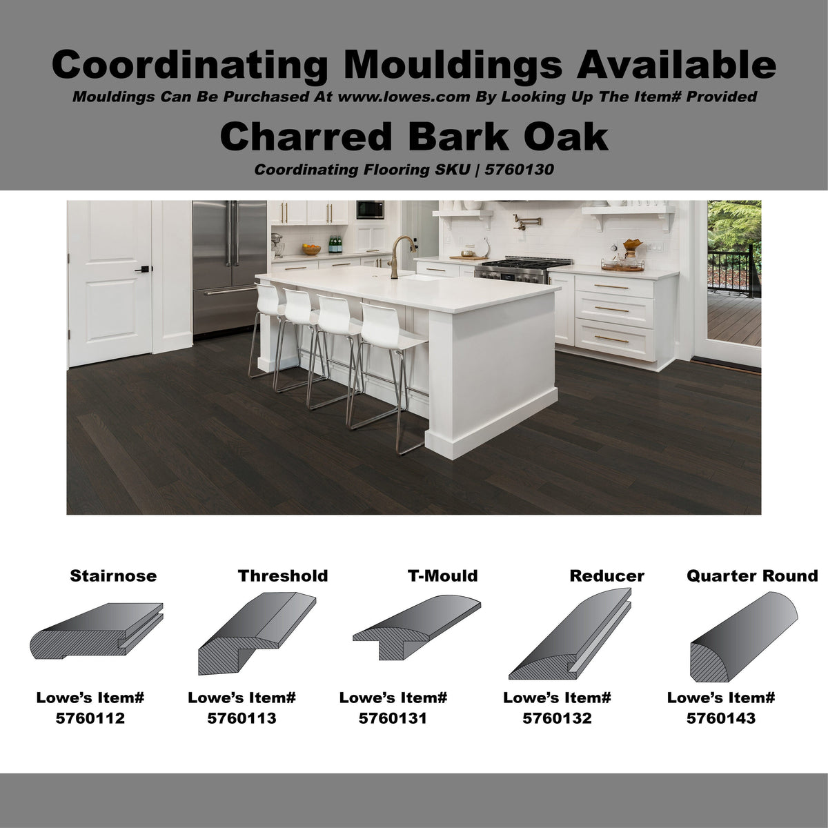 Green Leaf Oak Charred Bark hardwood flooring — carton and plank detail