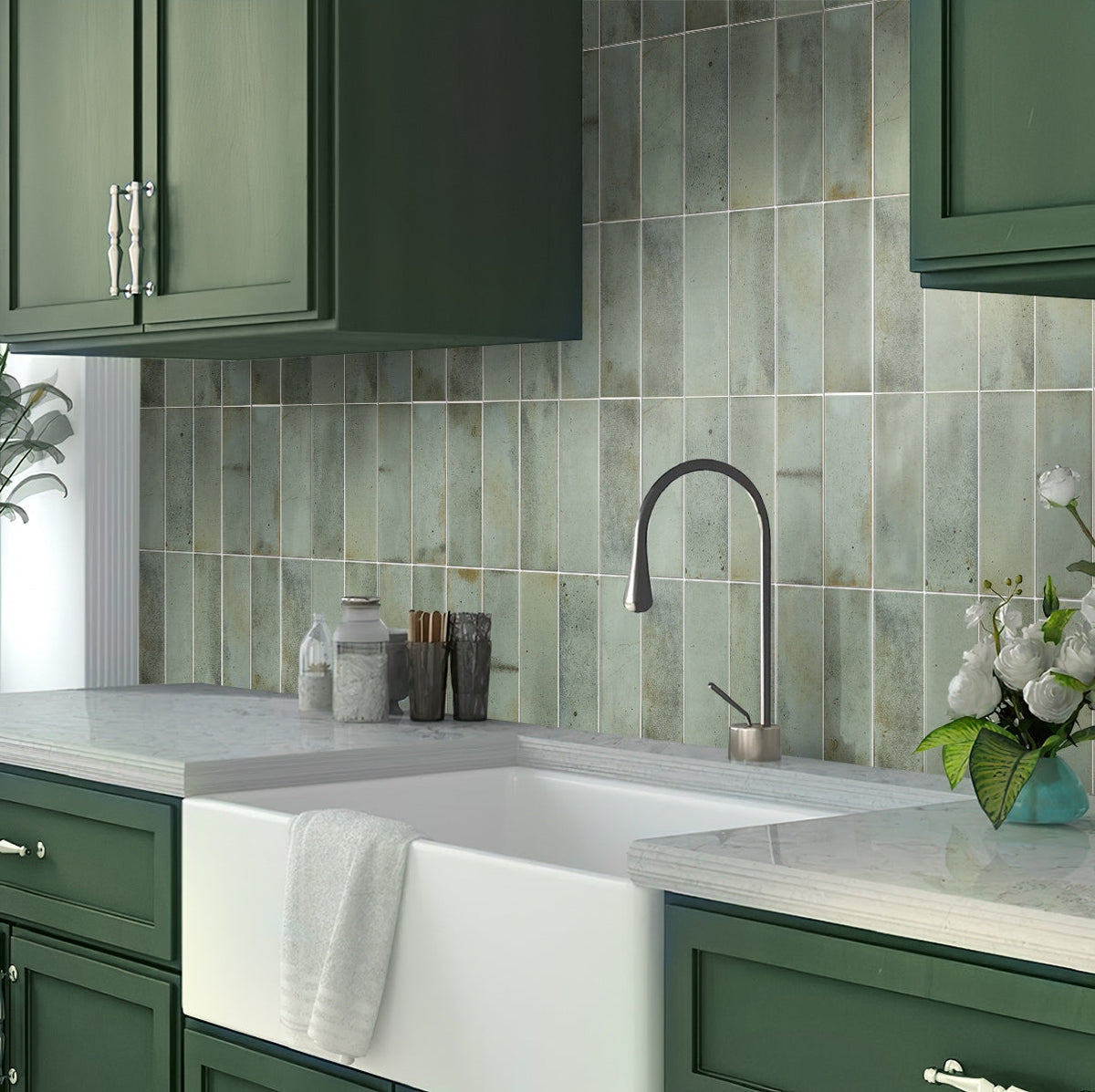 Apollo Tile Antiek Sage Green 3-in x 8-in Glossy Ceramic Brick Look Floor and Wall Tile (5.38-sq. ft/ Carton)