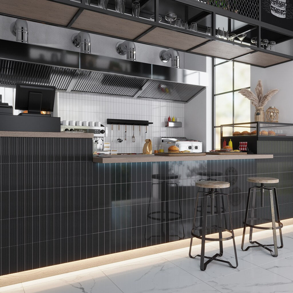 Apollo Tile Arte Black 2-in x 8-in Glossy Ceramic Brick Look Floor and Wall Tile (5.38-sq. ft/ Carton)