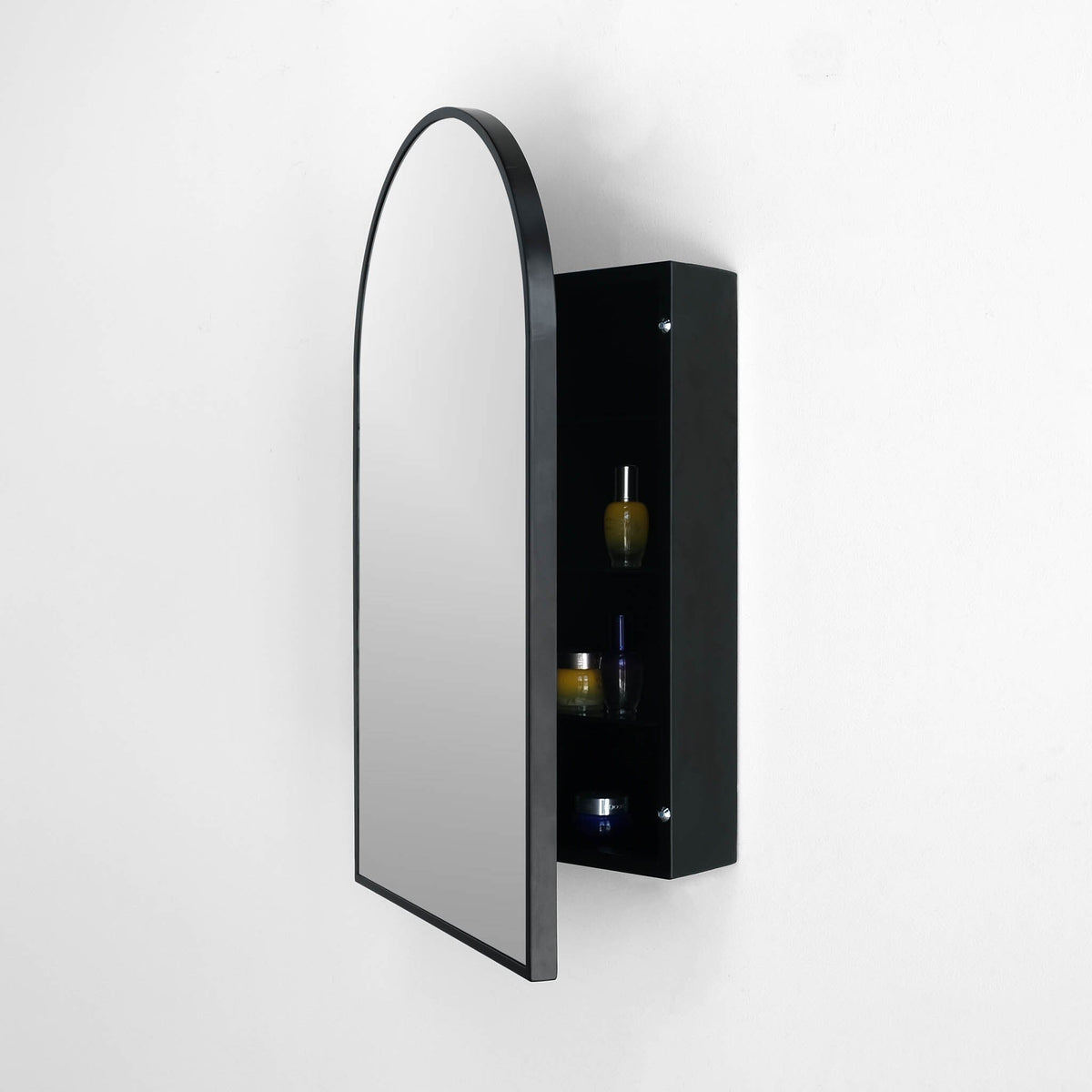 18-in x 30-in Surface Mount Black Mirrored Arched Medicine Cabinet