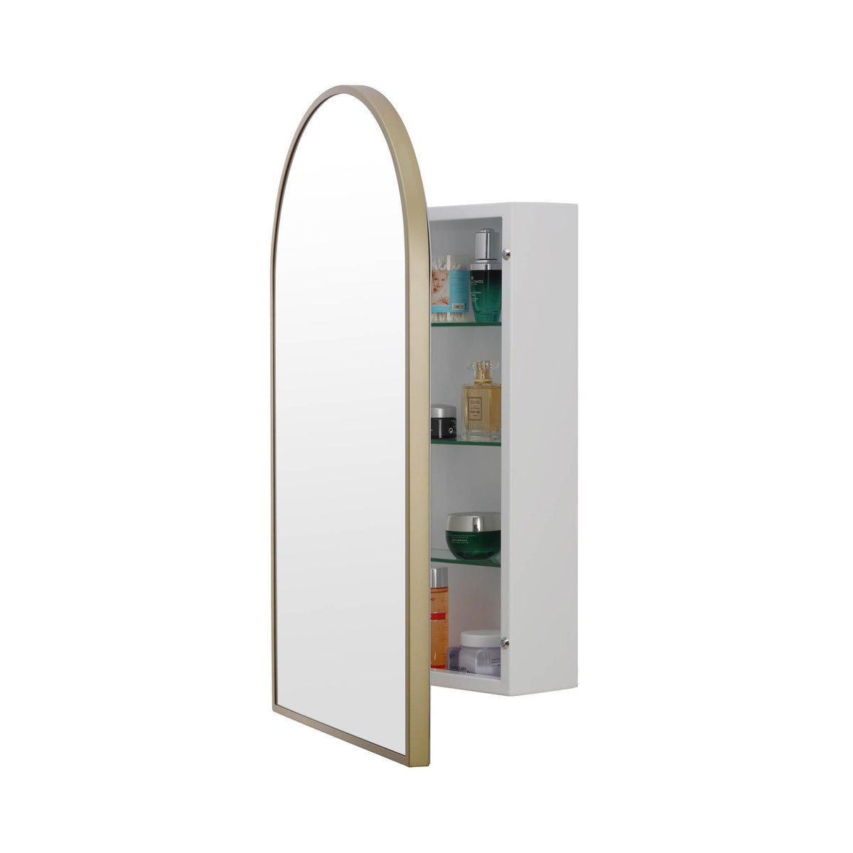 18-in x 30-in Surface Mount Gold Mirrored Arched Medicine Cabinet