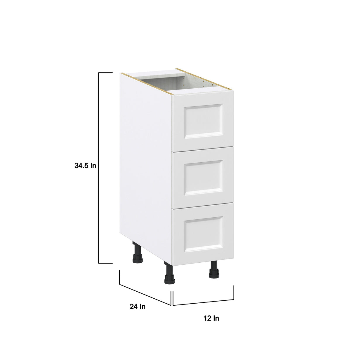 Hugo&Borg Riviera 12-in W x 34.5-in H x 24-in D Bright White 3-Drawer Base Fully Assembled Cabinet (Recessed Panel Style)