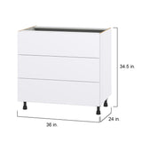 Hugo&Borg Lasalle 36-in W x 34.5-in H x 24-in D Bright White Slab 3-Drawer Base Fully Assembled Cabinet (Flat Panel Style)