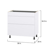 Hugo&Borg Lasalle 36-in W x 34.5-in H x 24-in D Bright White Slab 3-Drawer Base Fully Assembled Cabinet (Flat Panel Style)
