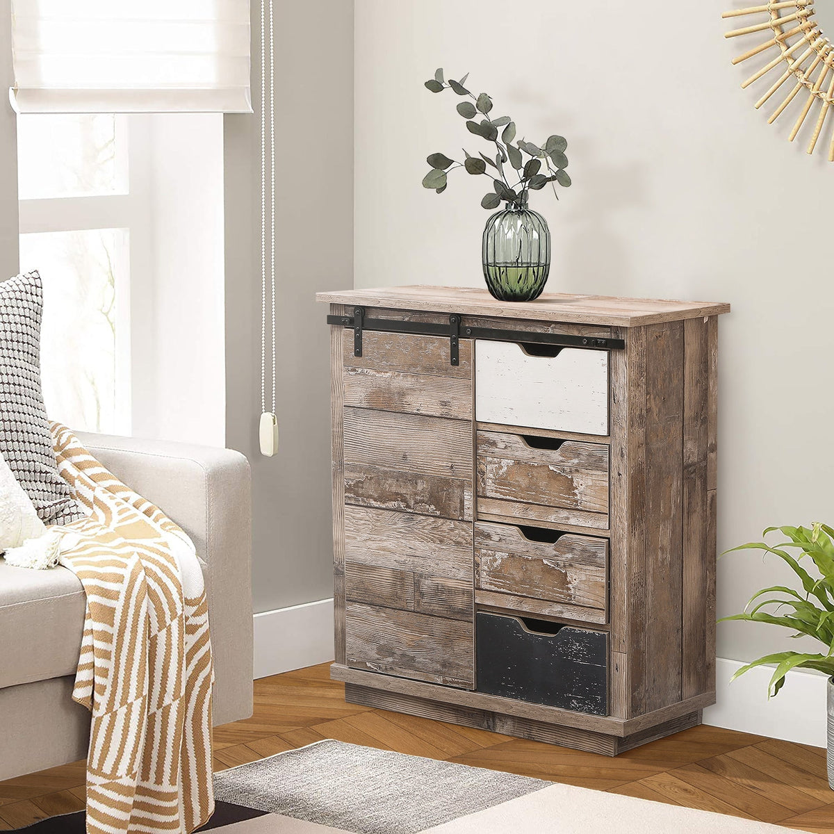 LuxenHome Rustic Wood, Distressed White, Distressed Blue Rustic Mdf Media Cabinet