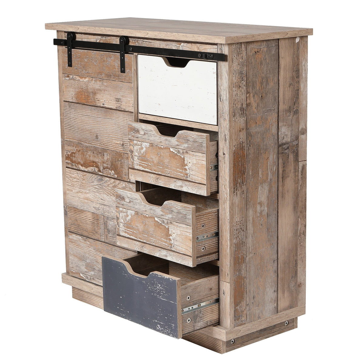 LuxenHome Rustic Wood, Distressed White, Distressed Blue Rustic Mdf Media Cabinet