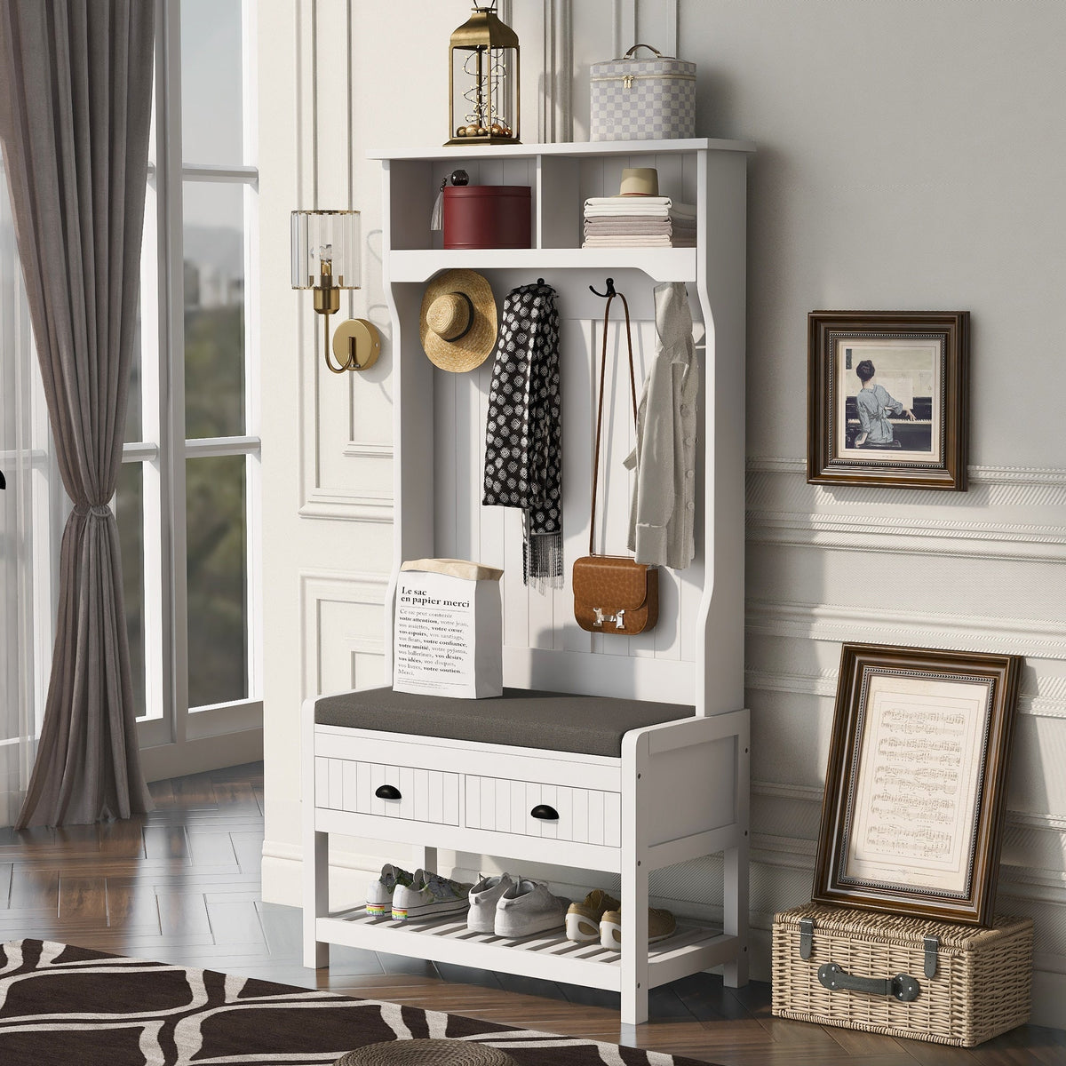 Runesay Hall Tree Farmhouse 33.5-in White Composite Hall Tree
