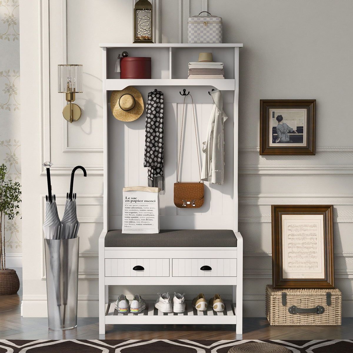 Runesay Hall Tree Farmhouse 33.5-in White Composite Hall Tree