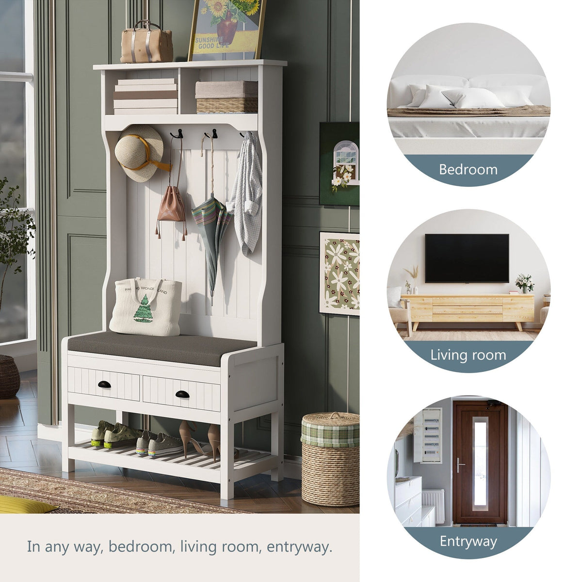 Runesay Hall Tree Farmhouse 33.5-in White Composite Hall Tree
