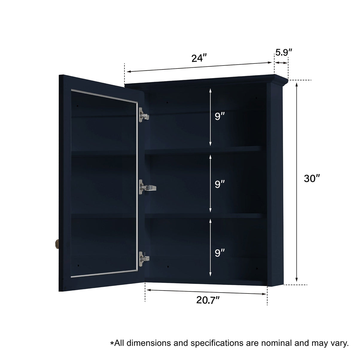 WELLFOR Solid Wood 24 x 30 Surface Mount Navy Blue Mirrored Soft Close Medicine Cabinet