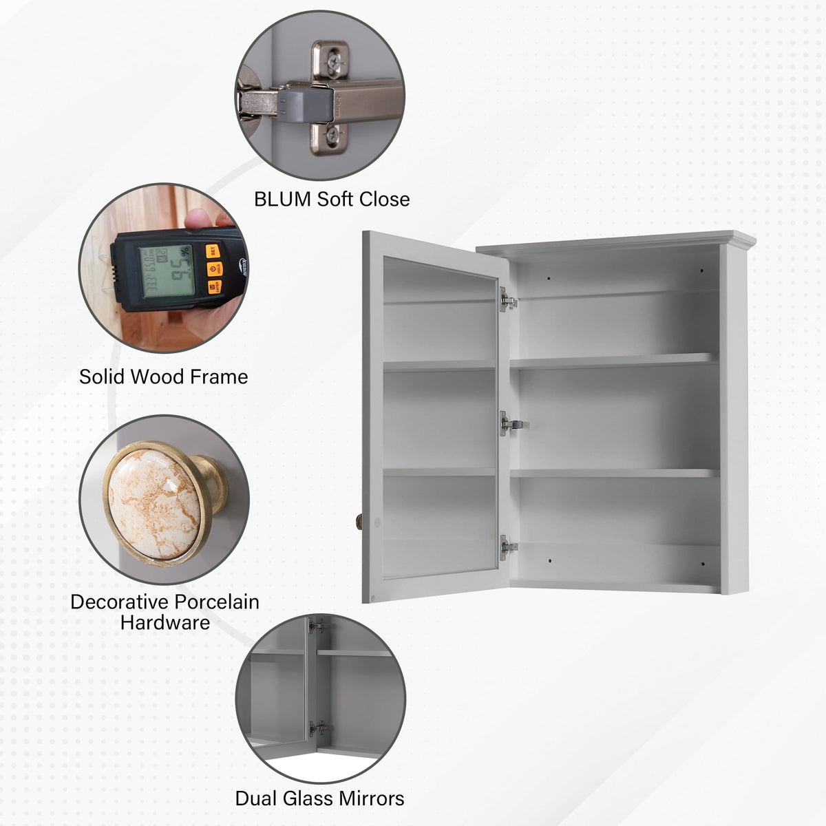 WELLFOR Solid Wood 34-in x 30-in Surface Mount Gray Mirrored Soft Close Medicine Cabinet