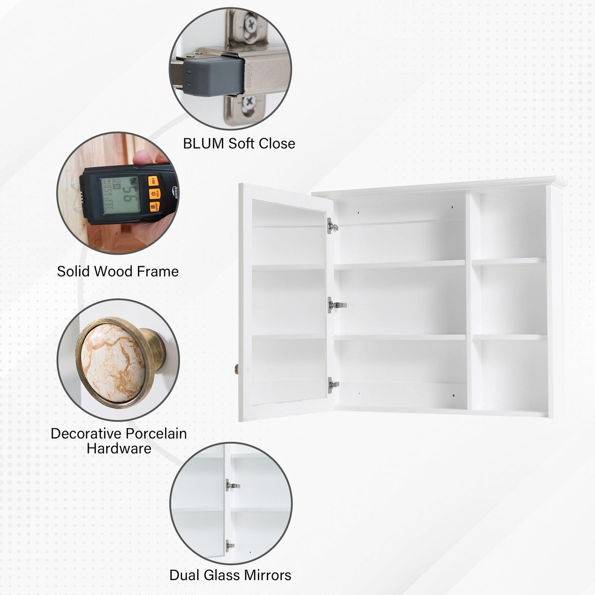 WELLFOR Solid Wood 34-in x 30-in Surface Mount White Mirrored Soft Close Medicine Cabinet