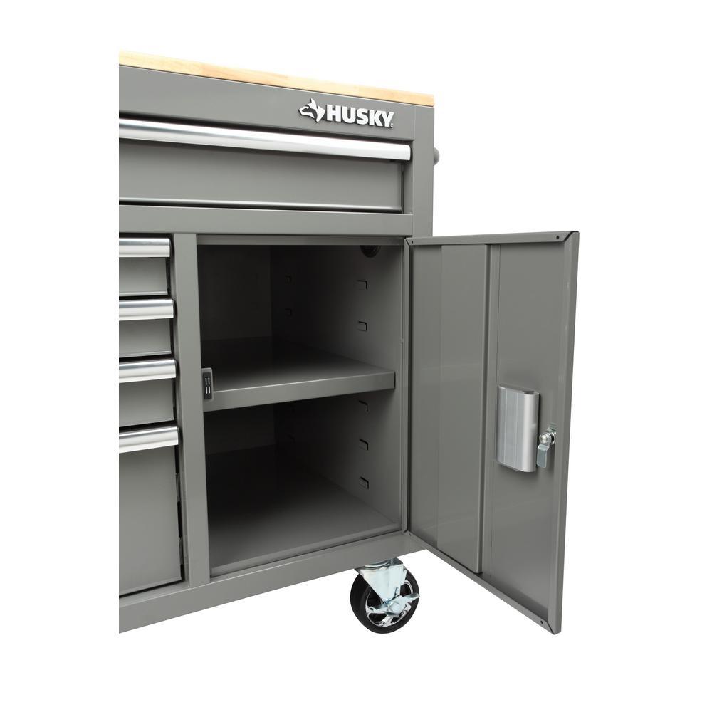 56 in. W x 24.5 in. D 5-Drawer 1-Door Tool Chest Mobile Workbench with Solid Wood Top in Matte Gray