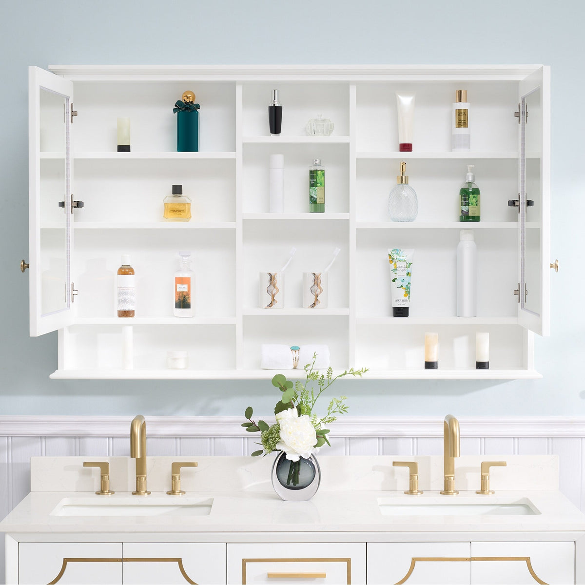 WELLFOR ART Solid Wood 55-in x 35-in Surface Mount White Mirrored Soft Close Medicine Cabinet