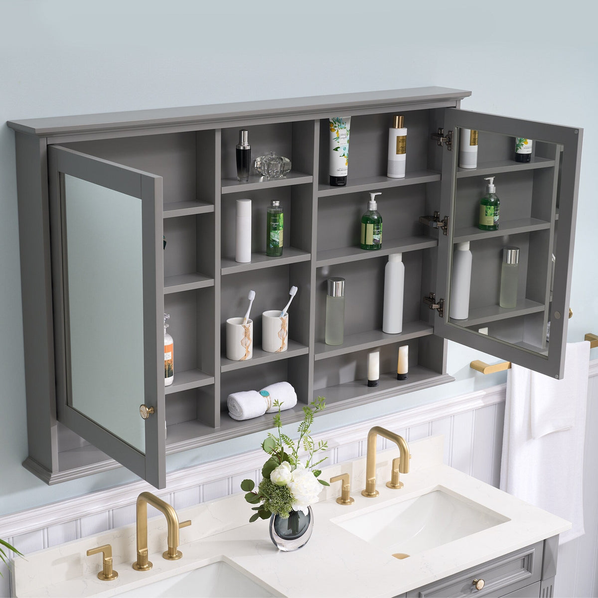 WELLFOR ART Solid Wood 55-in x 35-in Surface Mount Gray Mirrored Soft Close Medicine Cabinet