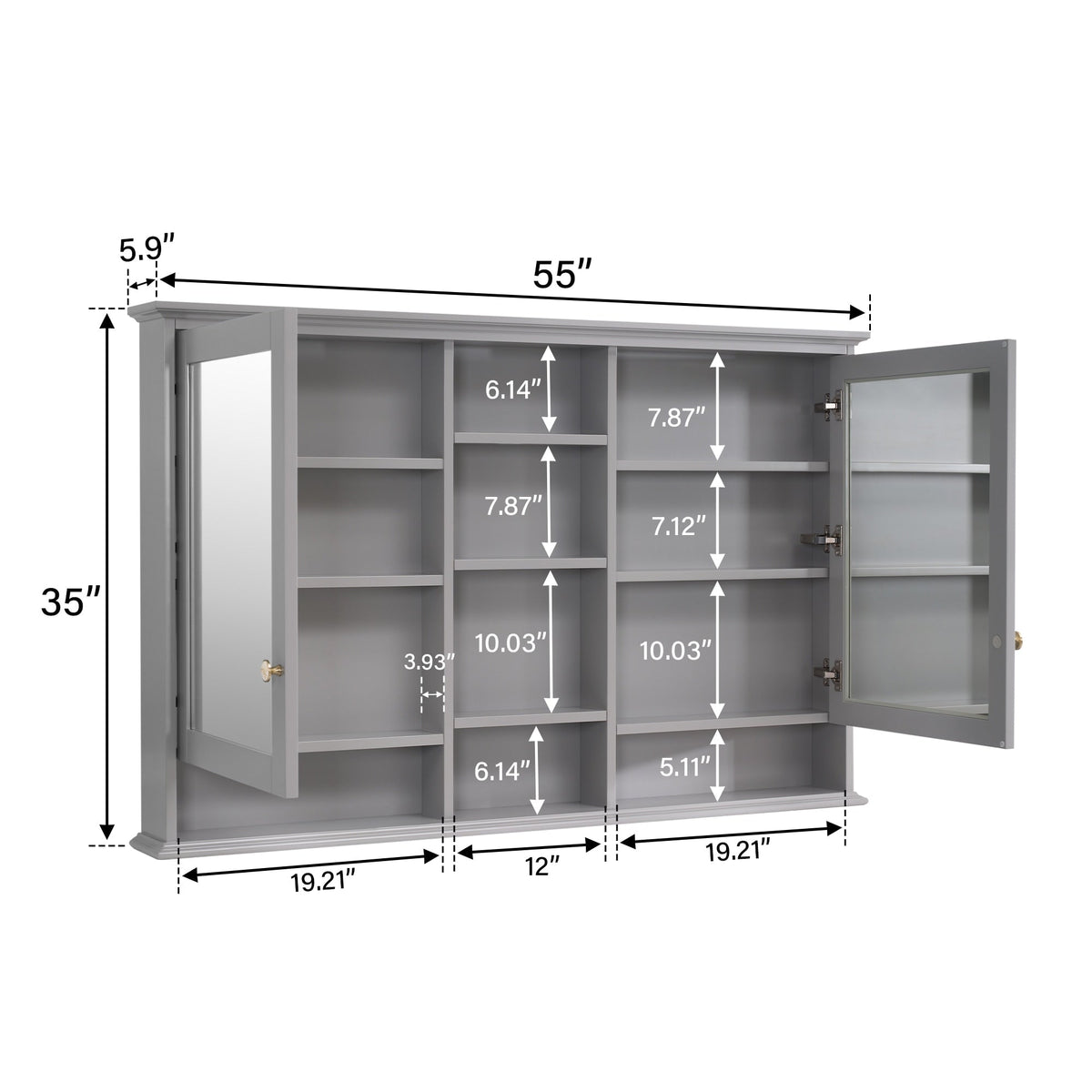 WELLFOR ART Solid Wood 55-in x 35-in Surface Mount Gray Mirrored Soft Close Medicine Cabinet