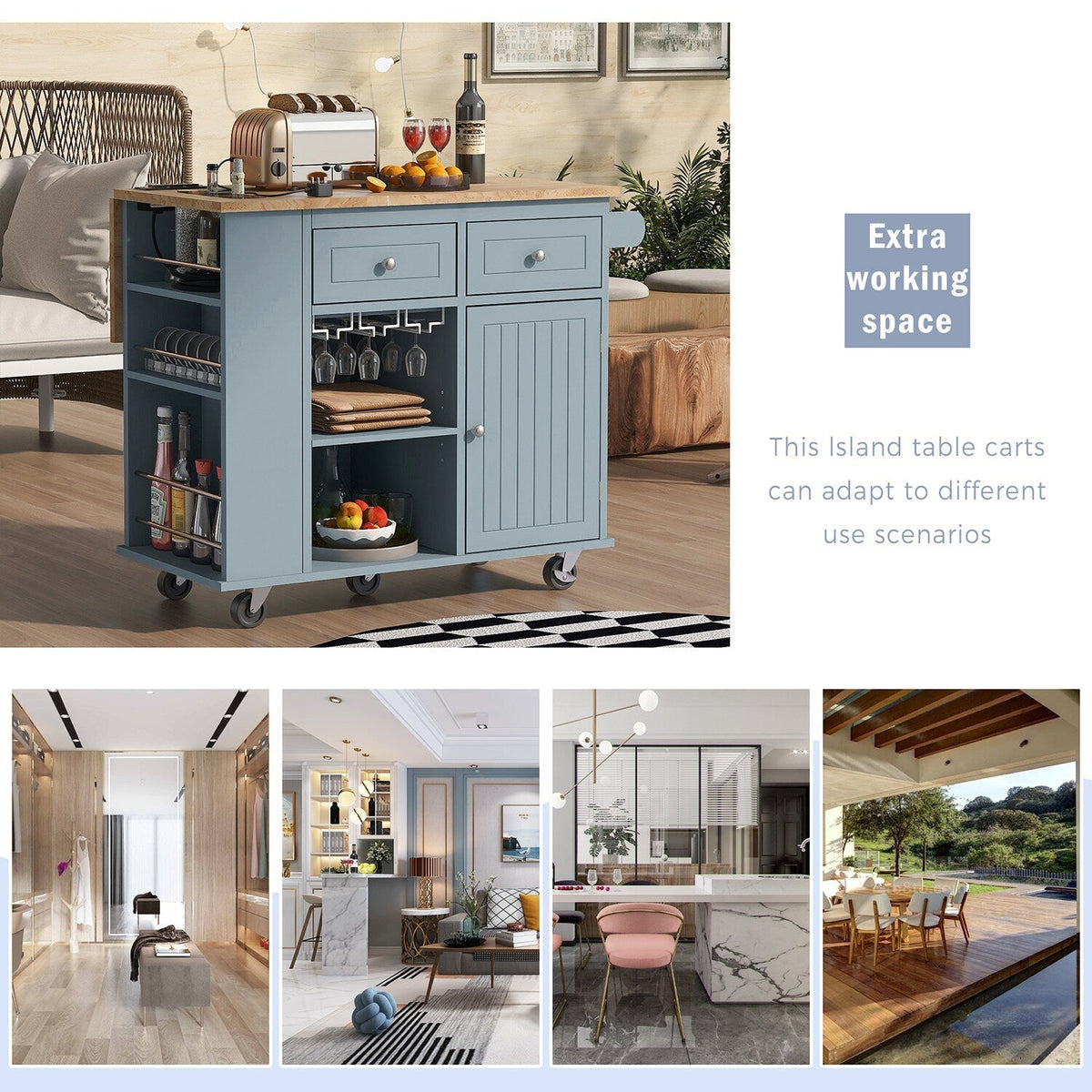 SINOFURN Blue Mdf Base with Wood Top Rolling Kitchen Cart (29.3-in x 39.8-in x 33.7-in)