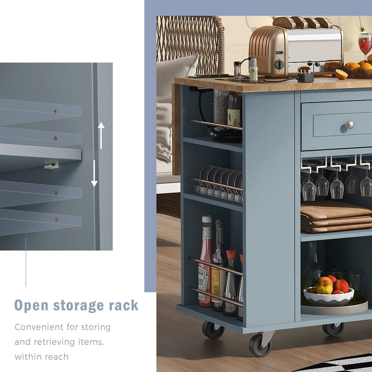 SINOFURN Blue Mdf Base with Wood Top Rolling Kitchen Cart (29.3-in x 39.8-in x 33.7-in)