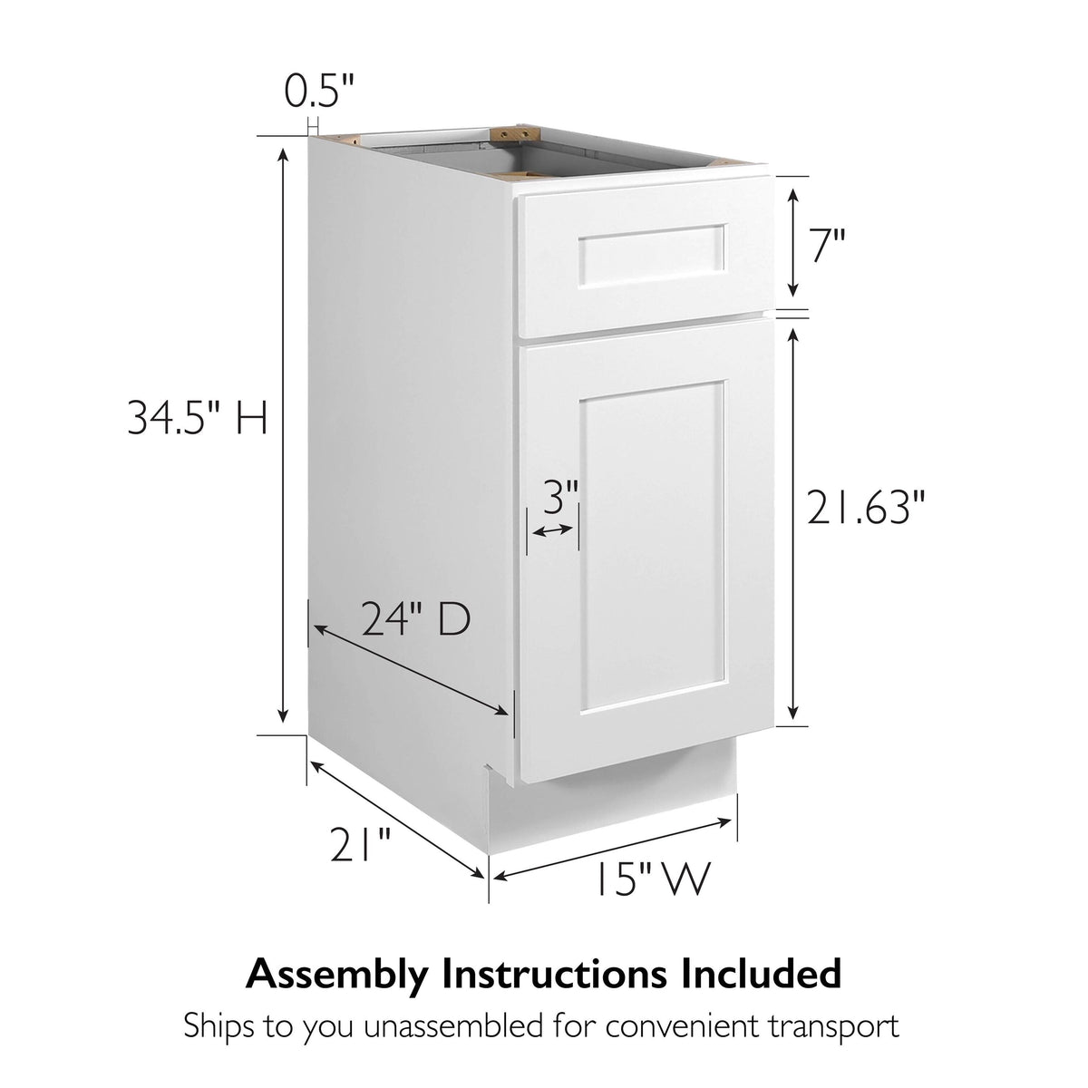 Design House Brookings 15-in W x 34.5-in H x 24-in D White Maple L-shaped 1-Drawer Base Fully Assembled Plywood Cabinet (Recessed Panel Shaker Style)