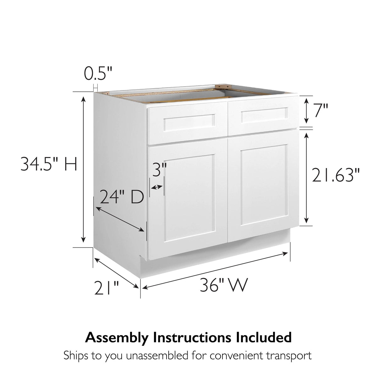 Design House Brookings 36-in W x 34.5-in H x 24-in D White Maple 2-Drawers Base Ready To Assemble Plywood Cabinet (Recessed Panel Shaker Style)