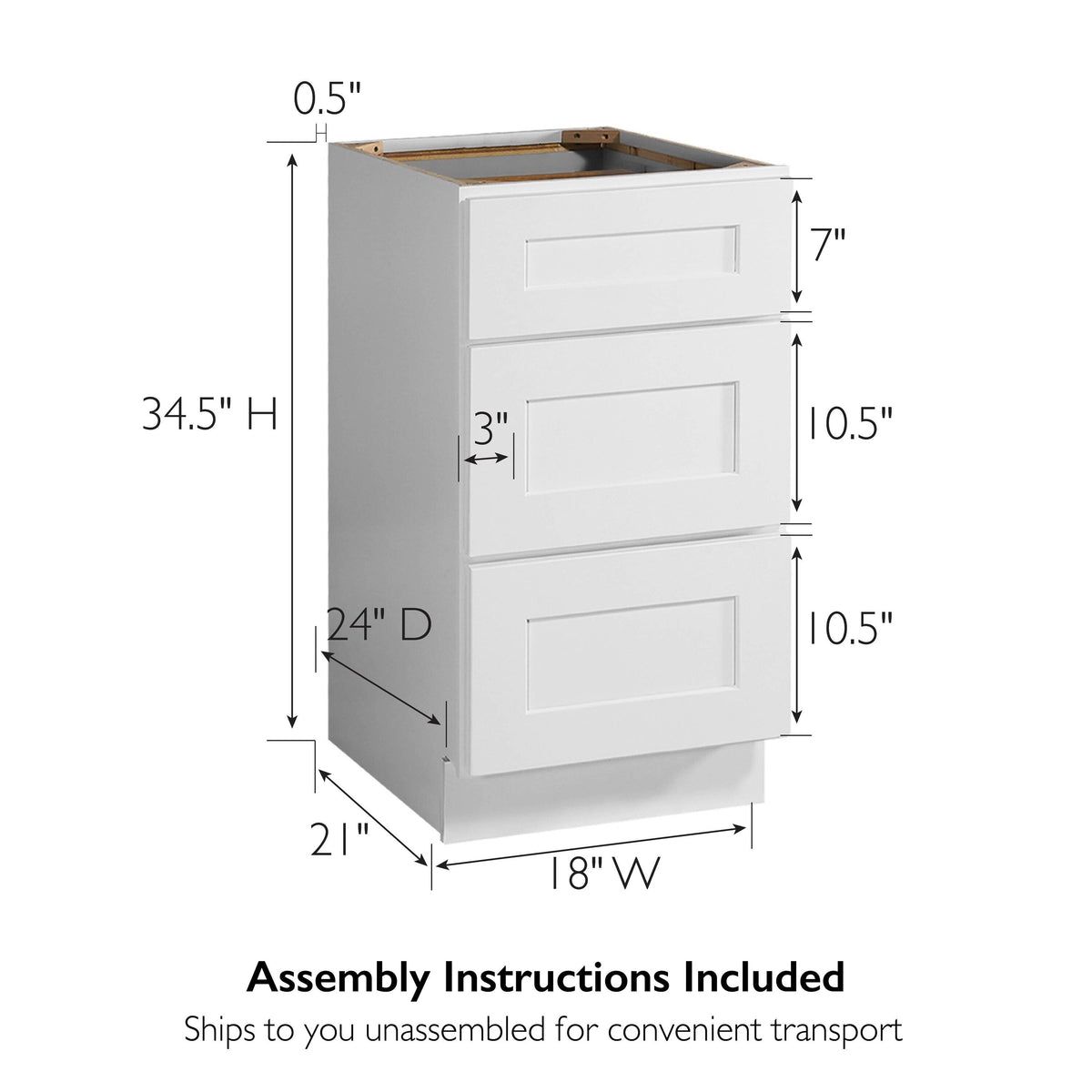 Design House Brookings 18-in W x 34.5-in H x 24-in D White Maple 3-Drawer Base Ready To Assemble Plywood Cabinet (Recessed Panel Style)