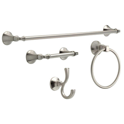 Mandara 4-Pc. Bath Hardware Set in SpotShield Brushed Nickel with Towel Ring, Toilet Paper Holder, 24" Towel Bar & Hook - Super Arbor