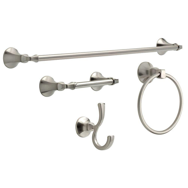 Mandara 4-Pc. Bath Hardware Set in SpotShield Brushed Nickel with Towel Ring, Toilet Paper Holder, 24" Towel Bar & Hook - Super Arbor