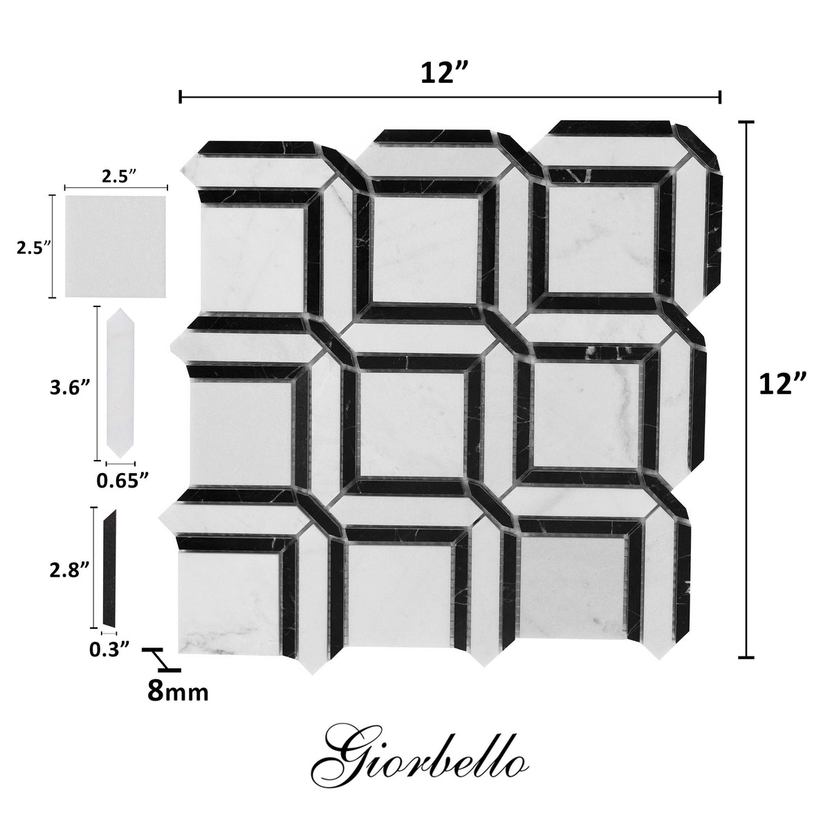 Giorbello White and Black 12-in x 12-in Polished Natural Stone Marble Mixed Pattern Marble Look Floor and Wall Tile (5-sq. ft/ Carton)