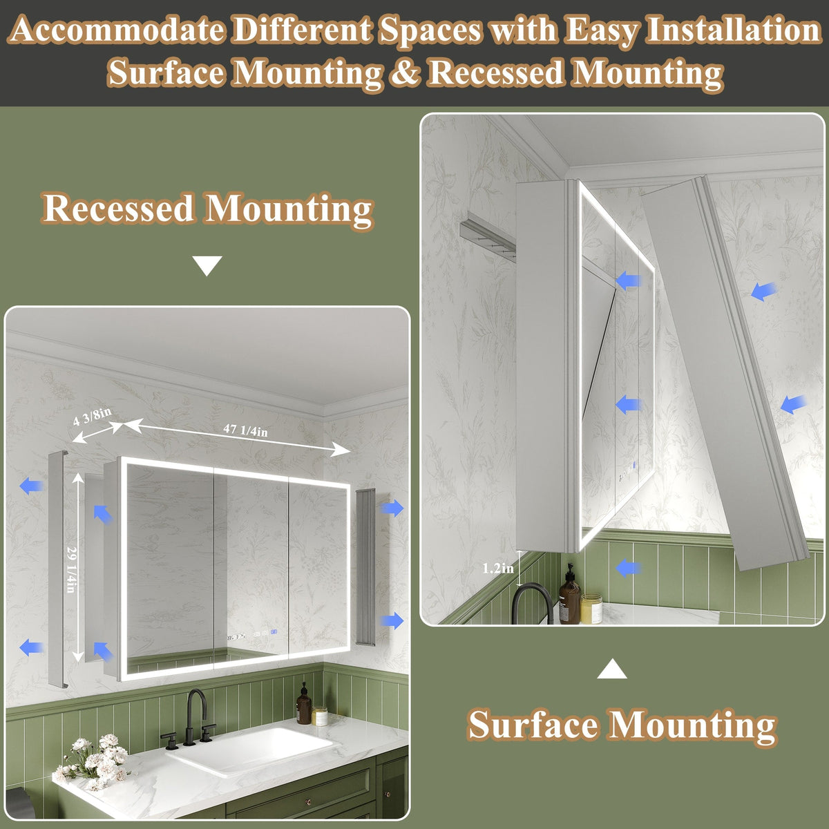 ExBrite Luvia 48-in x 30-in Lighted LED Fog Free Surface/Recessed Mount Silver Mirrored Soft Close Medicine Cabinet with Outlet