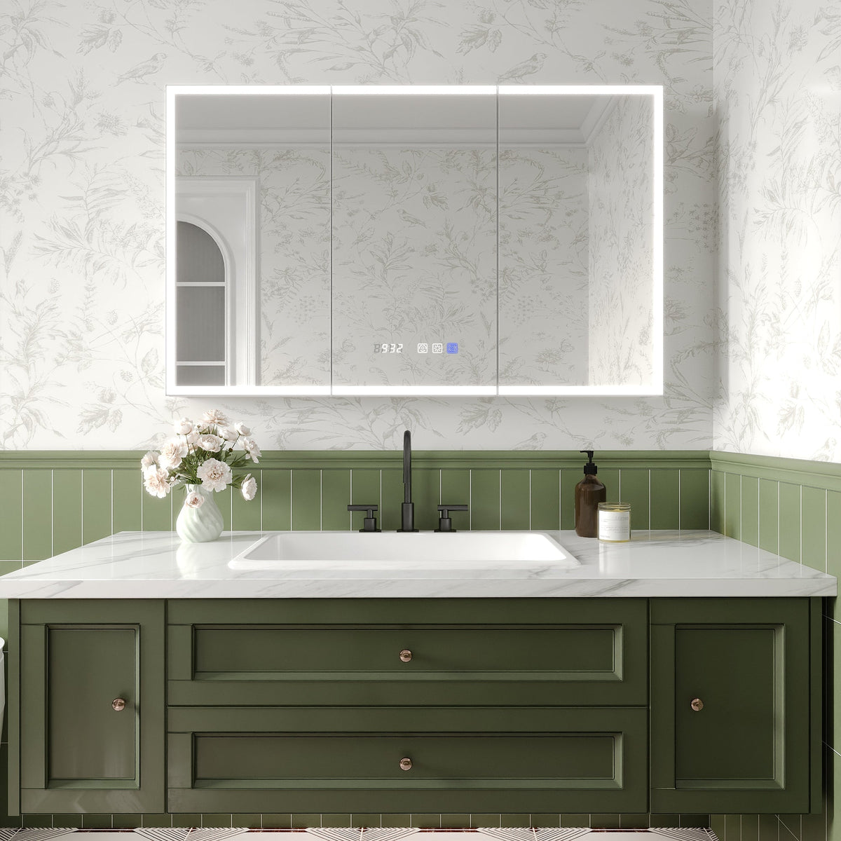 ExBrite Luvia 48-in x 30-in Lighted LED Fog Free Surface/Recessed Mount Silver Mirrored Soft Close Medicine Cabinet with Outlet