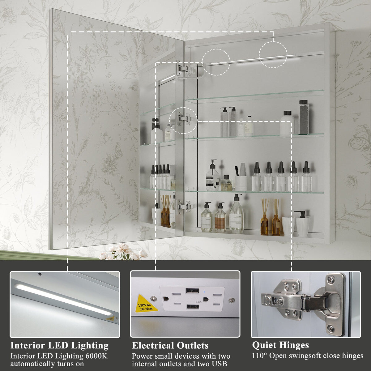 ExBrite Luvia 24-in x 32-in Lighted LED Fog Free Surface/Recessed Mount Silver Mirrored Soft Close Medicine Cabinet with Outlet