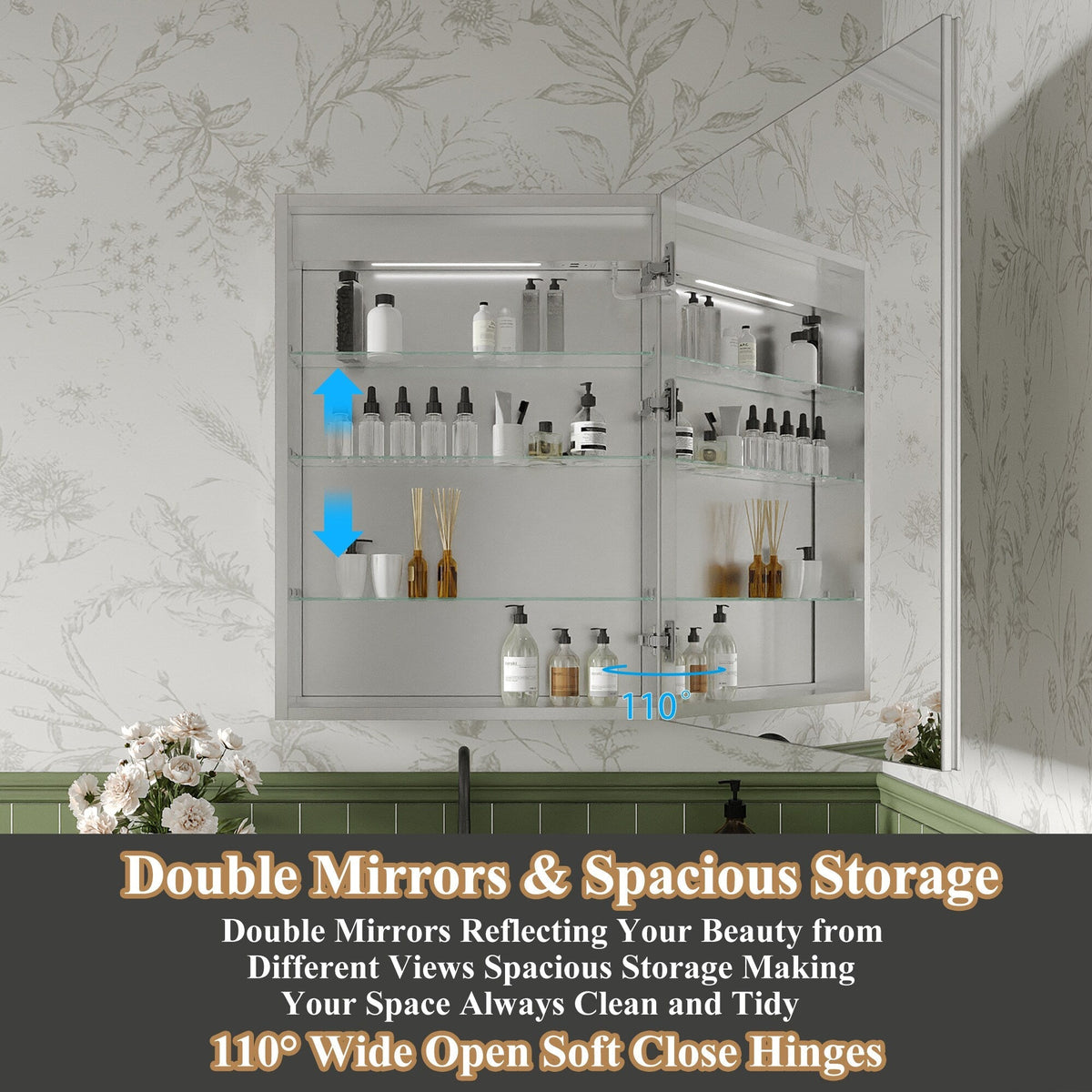 ExBrite Luvia 24-in x 32-in Lighted LED Fog Free Surface/Recessed Mount Silver Mirrored Soft Close Medicine Cabinet with Outlet