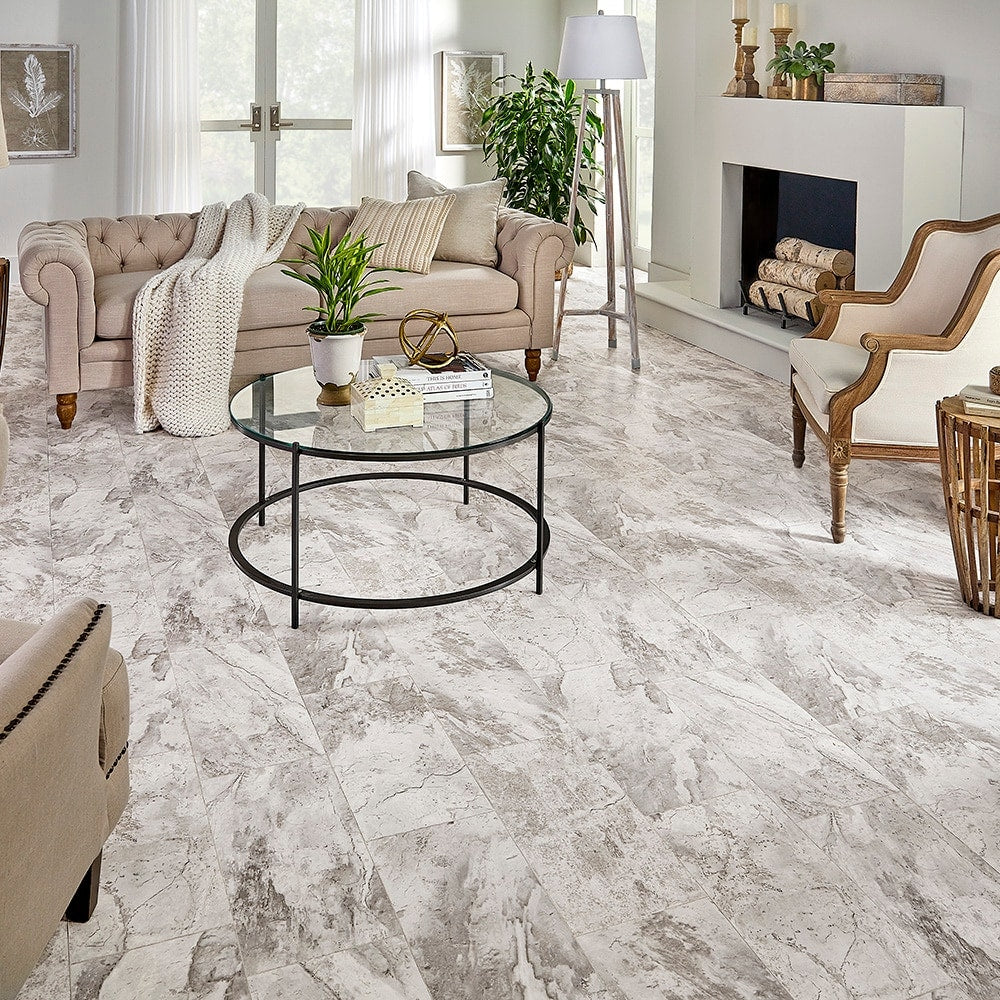 STAINMASTER Grove Park Marble Look Sheet Vinyl Flooring, 12-ft Width, Cut-to-Length, Low-Gloss Finish