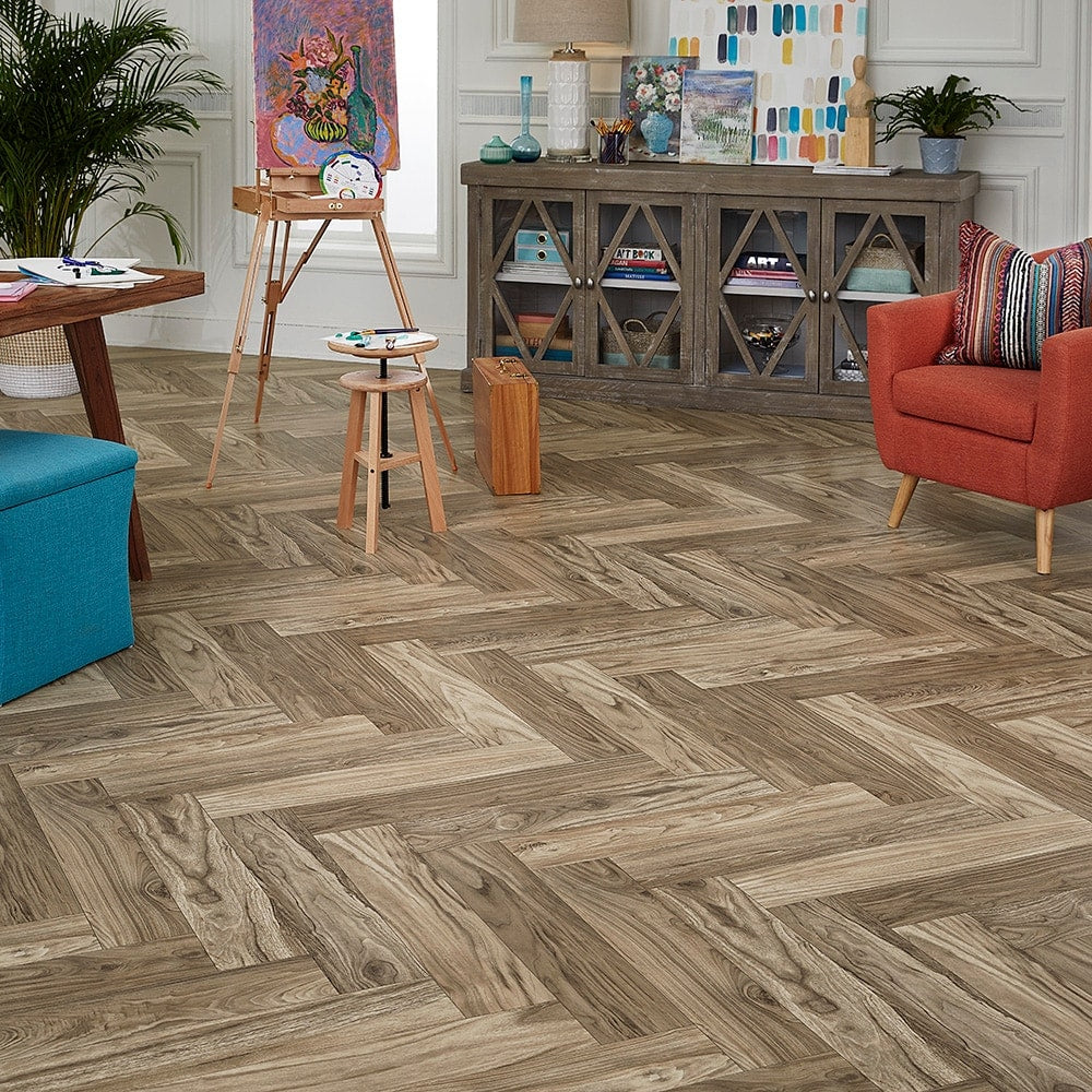 STAINMASTER 12-ft W Cut-to-Length Walnut Herringbone Wood-Look Low-Gloss Sheet Vinyl Flooring