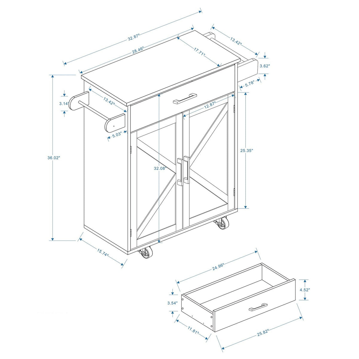 Bybafun White Mdf Base with Mdf Top Rolling Kitchen Island (17.7-in x 32.9-in x 36.1-in)