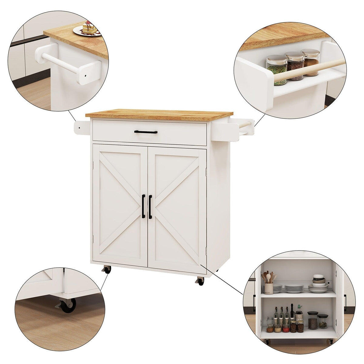 Bybafun White Mdf Base with Mdf Top Rolling Kitchen Island (17.7-in x 32.9-in x 36.1-in)