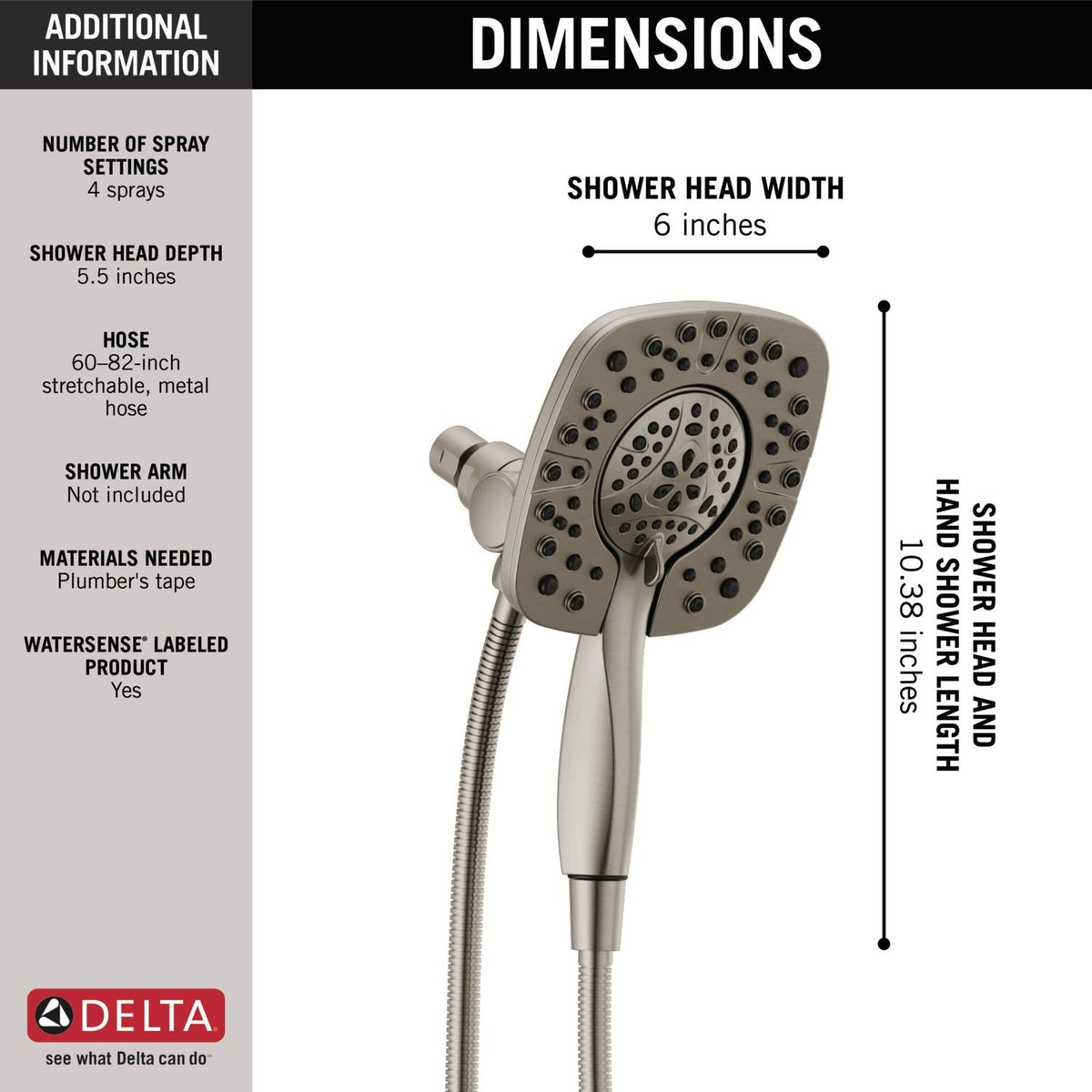 Delta In2ition Stainless 6-in Square Dual/Combo Shower Head, 1.75 GPM