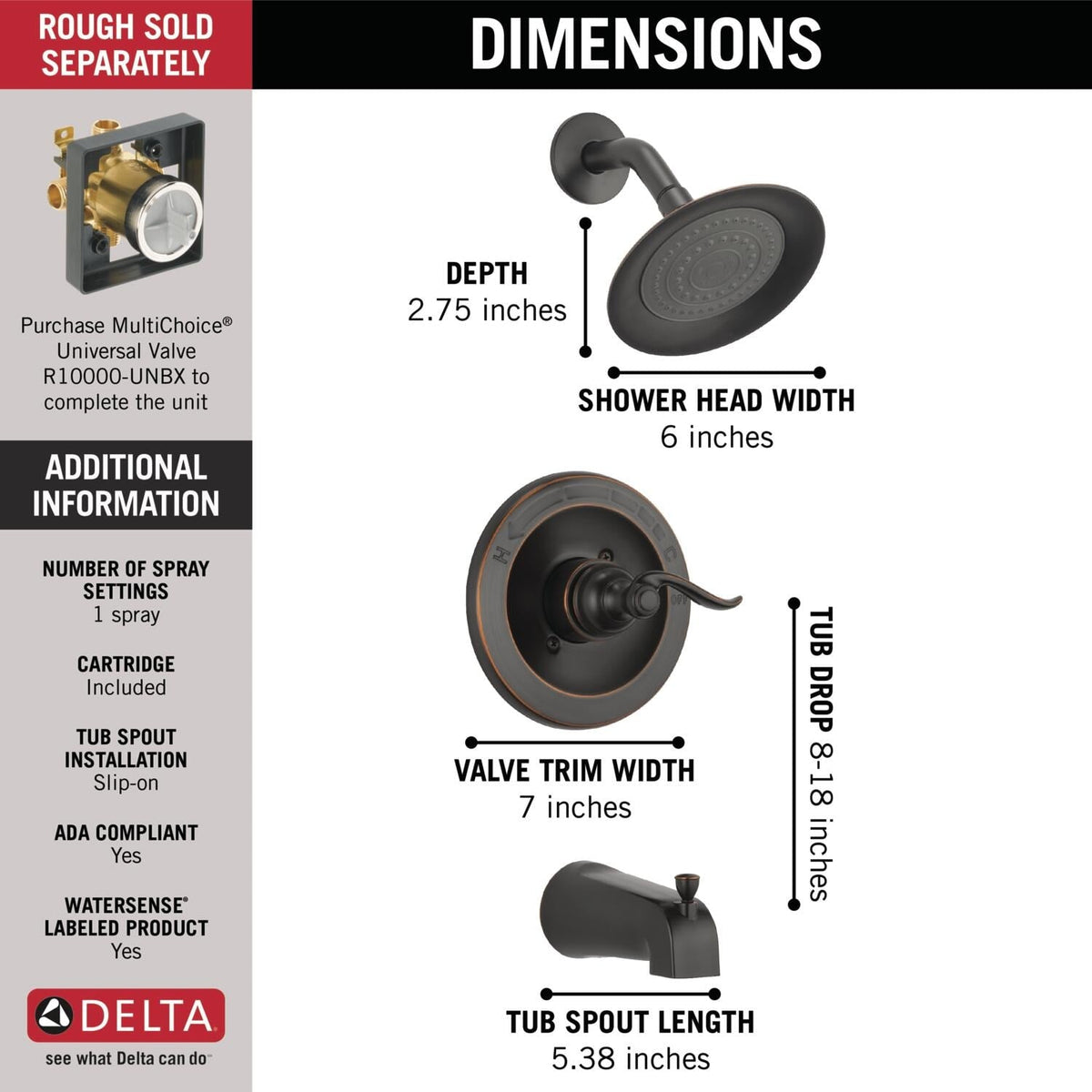 Delta Windemere Oil-Rubbed Bronze 1-Handle Bathtub and Shower Faucet Trim Kit, 6-in Showerhead