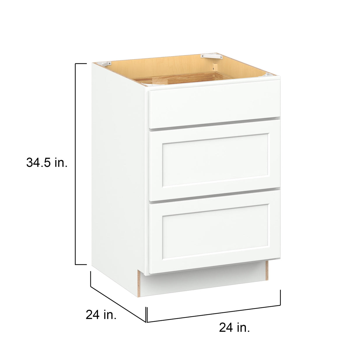 Hugo&Borg PRO Glendale 24-in W x 34.5-in H x 24-in D Pure White 3-Drawer Base Ready To Assemble Plywood Cabinet (Recessed Panel Style)