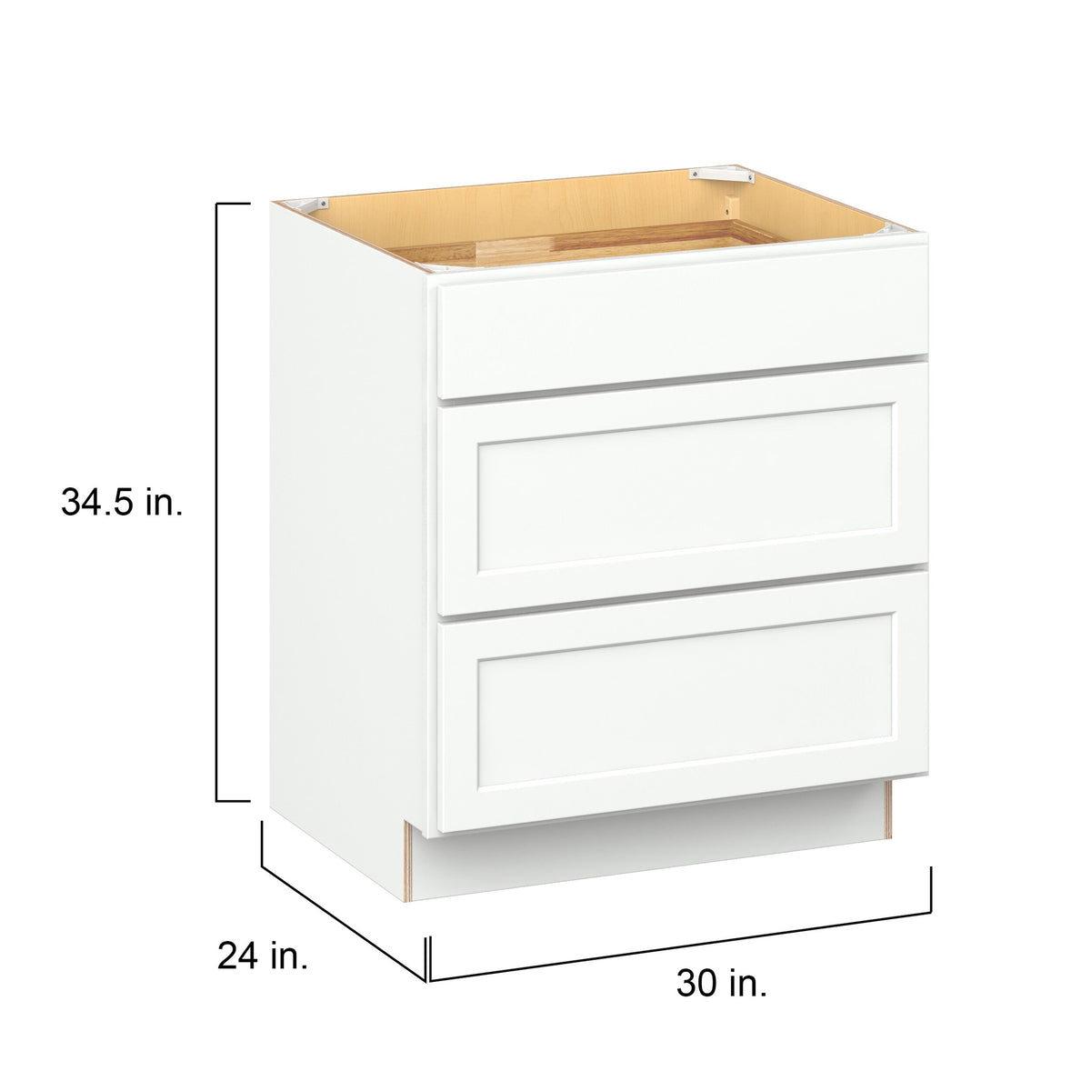 Hugo&Borg PRO Glendale 30-in W x 34.5-in H x 24-in D Pure White 3-Drawer Base Ready To Assemble Plywood Cabinet (Recessed Panel Style)