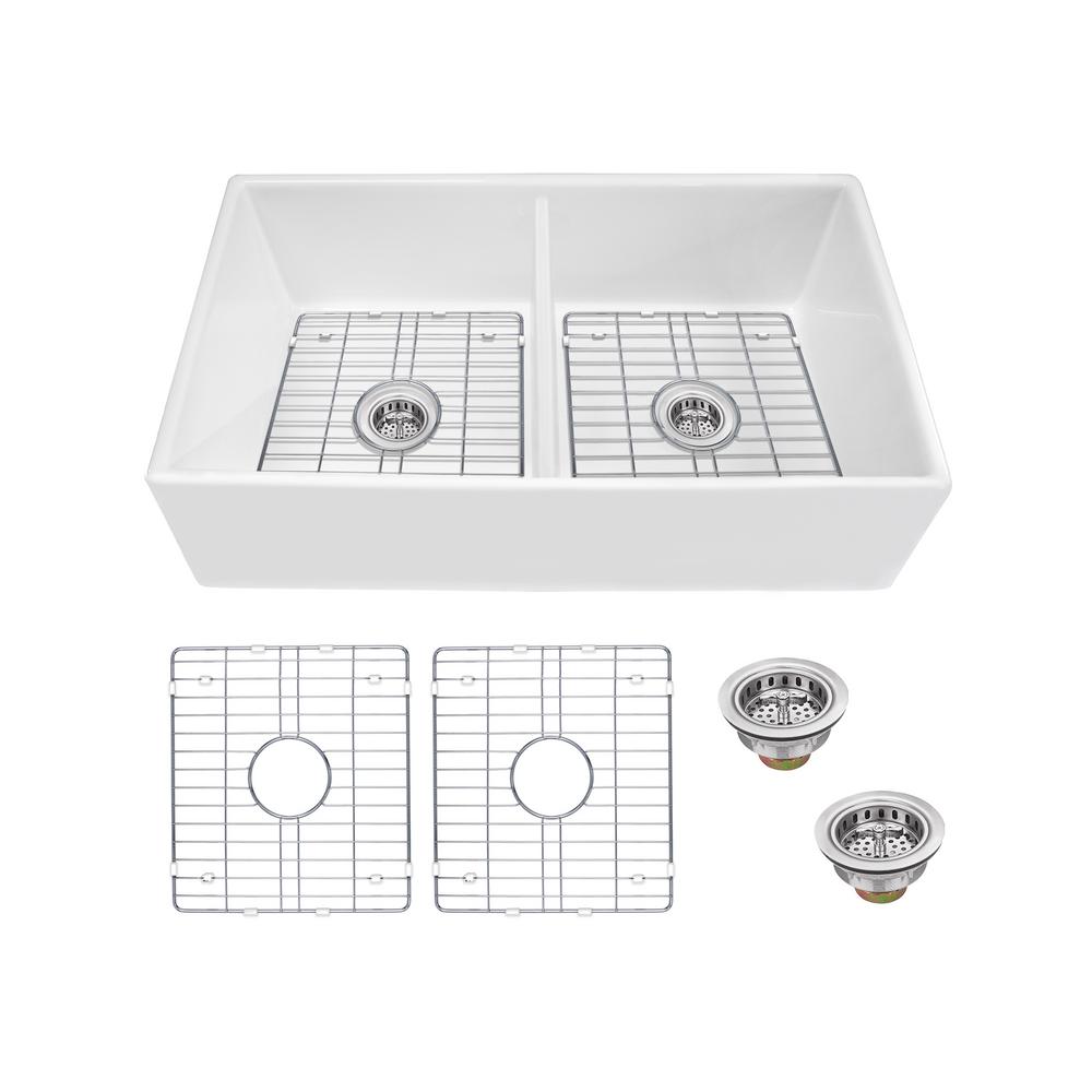Farmhouse Apron Front Fireclay 33 in. 50/50 Double Bowl Kitchen Sink in White with Grids and Strainers - Super Arbor