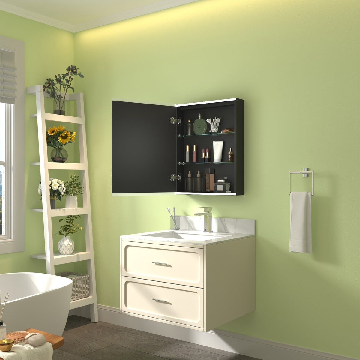 ExBrite Arvona 20-in x 26-in Lighted LED Surface Mount Matte Black Mirrored Medicine Cabinet