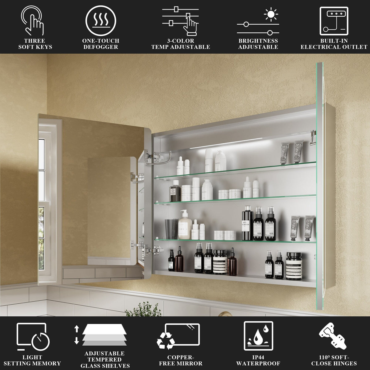 ExBrite Nova 36-in x 30-in Lighted LED Fog Free Surface/Recessed Mount Silver Mirrored Soft Close Medicine Cabinet with Outlet