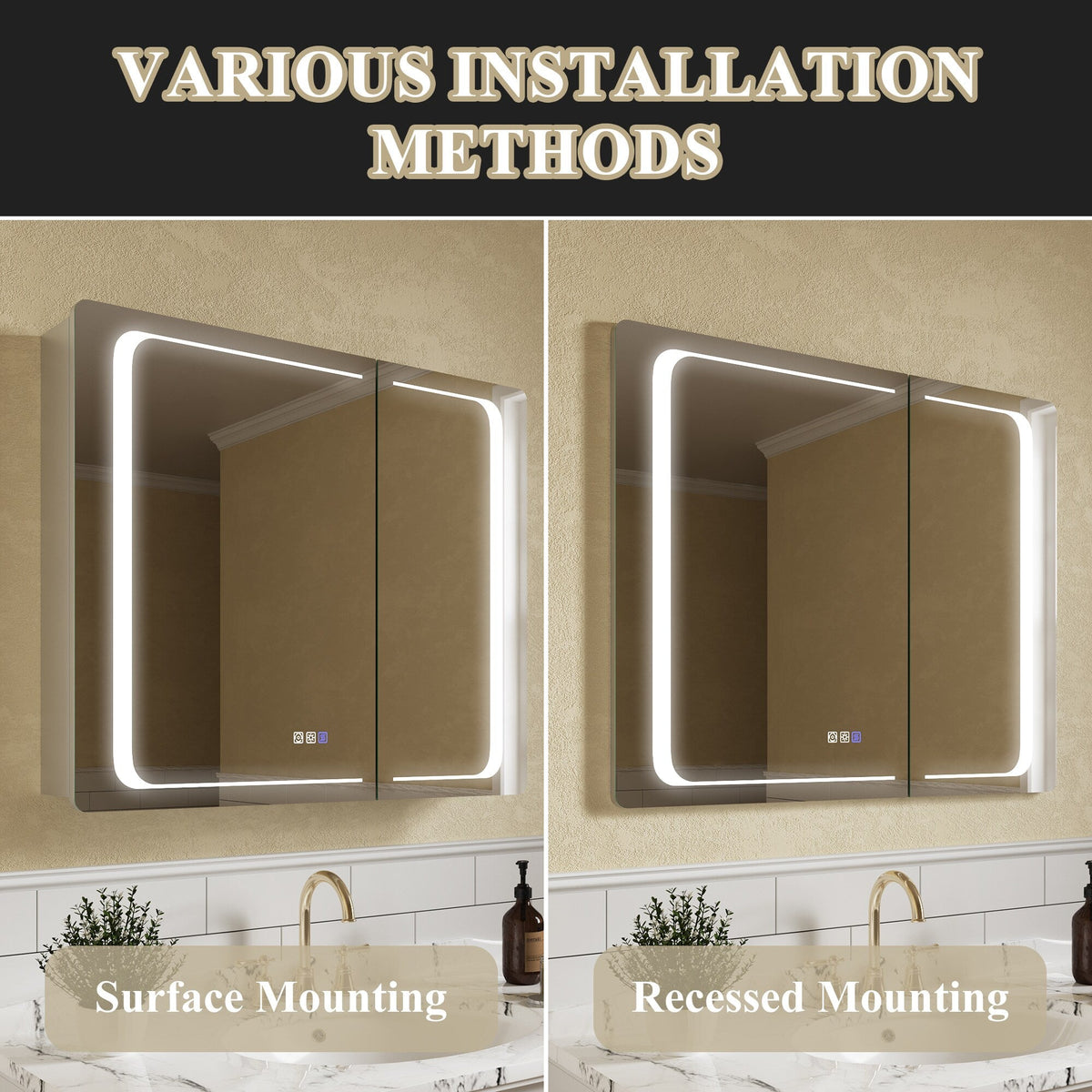 ExBrite Nova 36-in x 30-in Lighted LED Fog Free Surface/Recessed Mount Silver Mirrored Soft Close Medicine Cabinet with Outlet