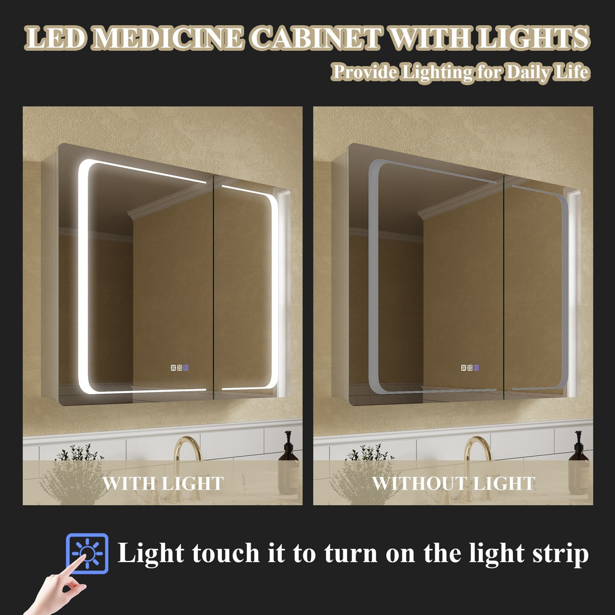 ExBrite Nova 36-in x 30-in Lighted LED Fog Free Surface/Recessed Mount Silver Mirrored Soft Close Medicine Cabinet with Outlet