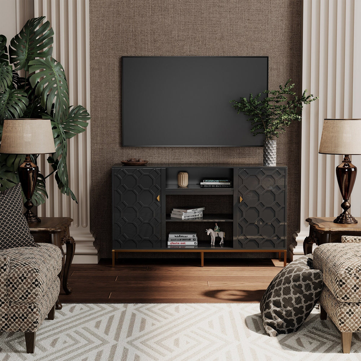 Clihome TV stand with storage Modern/Contemporary Black Tv Cabinet (Accommodates TVs up to 60-in)