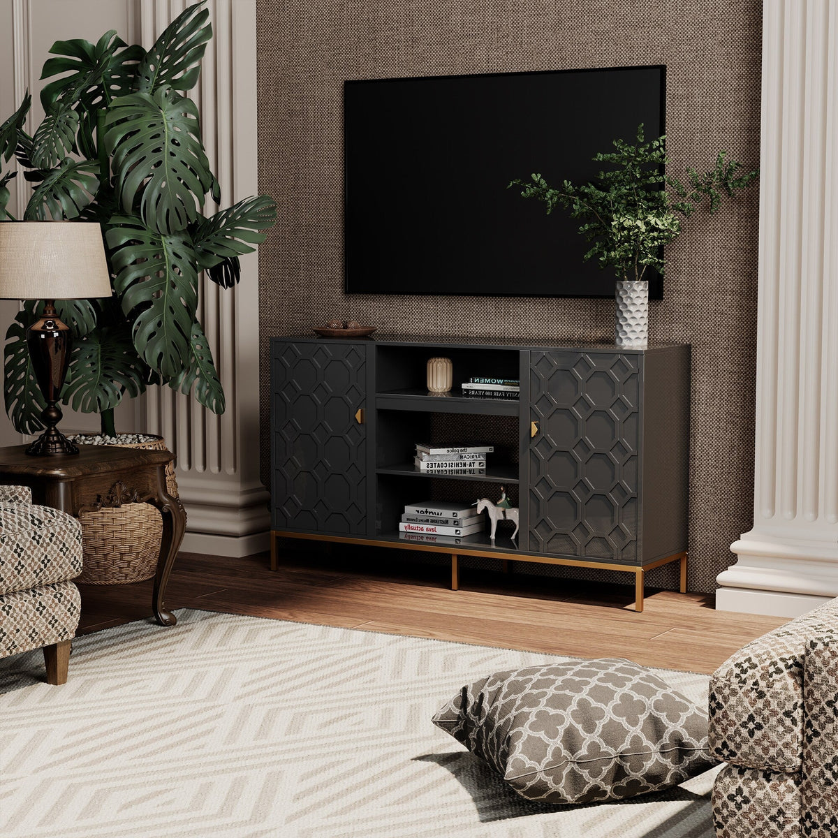 Clihome TV stand with storage Modern/Contemporary Black Tv Cabinet (Accommodates TVs up to 60-in)